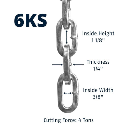 Beefy Hardened Steel 6KS Square Security Chain detail showing measurements for height, width, and thickness, corrosion-resistant.