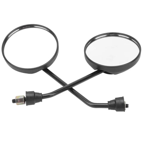 Two wide angle rearview mirrors for motorcycle and electric bike with plastic frame, shown crossed on white background.