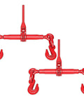 Two Pack Ratchet Chain Binder Five Sixteenths To Three Eighths Inch Heavy Duty Load Binders 5400 Lbs Working Load Limit 19000 Lbs Breaking Strength 25 Inch Hook To Hook For Truck Or Flatbed Trailer, red in color, heavy duty metal chains with hooks.