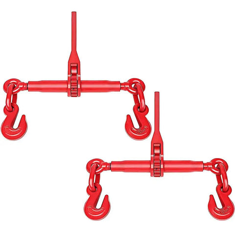 Two Pack Ratchet Chain Binder Five Sixteenths To Three Eighths Inch Heavy Duty Load Binders 5400 Lbs Working Load Limit 19000 Lbs Breaking Strength 25 Inch Hook To Hook For Truck Or Flatbed Trailer, red in color, heavy duty metal chains with hooks.