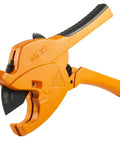 Ratcheting PVC Cutter for one-hand fast cuts from half inch to one and quarter inch white and gray Schedule 40 and 80 PVC quick blade release.