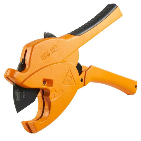 Ratcheting PVC Cutter for one-hand fast cuts from half inch to one and quarter inch white and gray Schedule 40 and 80 PVC quick blade release.