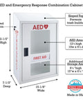 Front view of a steel AED cabinet with alarm, wall-mount design, includes first aid storage; Windy City Cabinet.