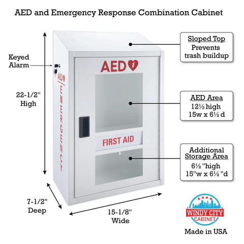 Front view of a steel AED cabinet with alarm, wall-mount design, includes first aid storage; Windy City Cabinet.