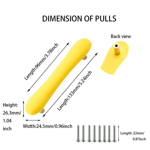 Super Cute Soft Rubber Cabinet Handles 5 Inch Long with Zinc Alloy Base Kid Safe Toddler Friendly Drawer Knobs Rust Proof Smooth Finish Yellow measuring 5.24 inches.