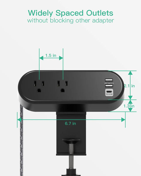 Power Strip Desk Clamp With USB C PD 18W And USB A Ports 10 Foot Flat Plug Extension Cord With 2 AC Outlets shown with dimensions