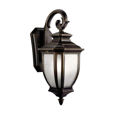 Salisbury 19.5 Inch One Light Outdoor Wall Light With White Linen Glass In Rubbed Bronze Finish Weatherproof Exterior Fixture