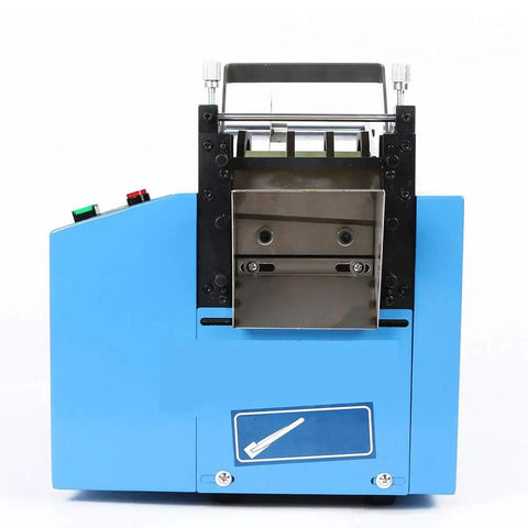 Automatic Heat Shrink Tube And Cable Cutting Machine With Programmable Digital Controls, front view showcasing controls and cutter.