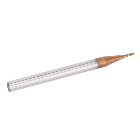 Side view of a tungsten carbide CNC end mill with silver shank and copper cutting head; 10 mm cutting length, 4-flute.