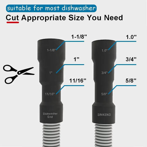 Diagram of Six Foot Universal Dishwasher Drain Hose With No Fuss Trim To Fit ends showing diameter options and scissors icon