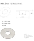 M8 x 20mm flat stainless steel washer (304 SS), OD 20mm, ID 8.5–8.8mm, H 1.5mm, 100 pcs — isometric/front view