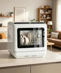 Crisp White Compact Countertop Dishwasher Boasting 28 Item Capacity Ideal For Apartments And Digs on countertop in living space.