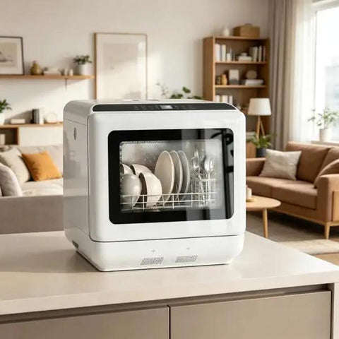 Crisp White Compact Countertop Dishwasher Boasting 28 Item Capacity Ideal For Apartments And Digs on countertop in living space.