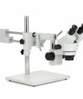 Industrial Stereo Boom Microscope With Fluorescent Ring Light And Beefy Working Distance, Binocular 10x Eyepieces, Zoom From 3.5x To 90x on boom stand