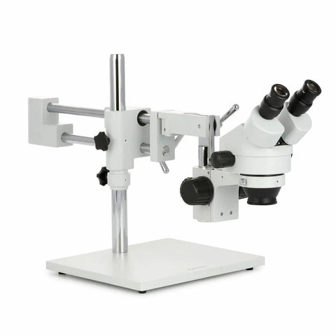 Industrial Stereo Boom Microscope With Fluorescent Ring Light And Beefy Working Distance, Binocular 10x Eyepieces, Zoom From 3.5x To 90x on boom stand