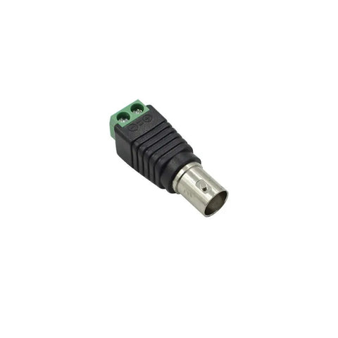 Rugged Female BNC To AV Two Screw Terminal Connectors For CCTV Cameras And Coaxial Video Baluns Green Hassle Free Wire Rigs Slick Setup 10 Pack, close-up of black connector.