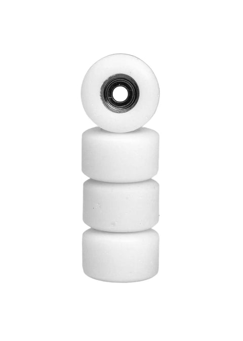 Set of Apex 71D Urethane Fingerboard Wheels with Ultra Spin Bearings stacked, white color, 7.7mm diameter, street style design.