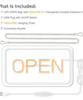 LED Open Sign With USB Power 5V COB Chip Lit Neon Look 16 By 9 Inch showing components and dimensions