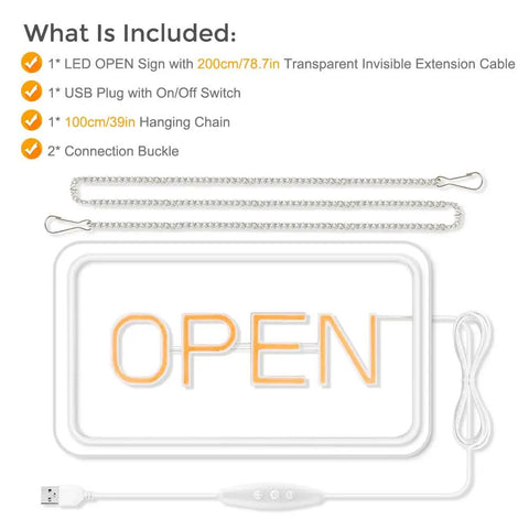 LED Open Sign With USB Power 5V COB Chip Lit Neon Look 16 By 9 Inch showing components and dimensions