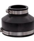 Front view of a reducing 4-inch to 2-inch flexible PVC pipe coupling for cast iron and plastic plumbing connections in black.