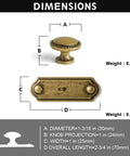 Dimensions of antique brass cabinet knobs with industrial backplates, shown with measurements and weight, set of 6