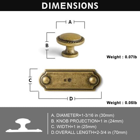 Dimensions of antique brass cabinet knobs with industrial backplates, shown with measurements and weight, set of 6