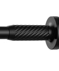 Close-up of quick twist end caps on 32 to 90 inch adjustable tension curtain rod in black no drill easy install for patio windows bathroom closet.