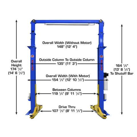 Boss Shop Two Post Auto Lift With 15000 Pound Capacity Ali Certified Symmetric Arms dimensions and height specifications.