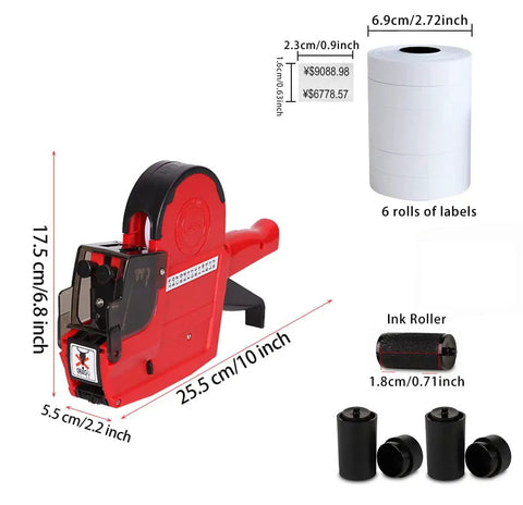 2 Line 20 Digit Price Label Gun With A Z Letters All In One Pro Grade Pricing Labeler Kit Includes 5 Rolls 2800 Stickers 3 Ink Rolls Tag Maker For Office Retail Shop Grocery Yard Sale, red label gun with ink roller and 6 rolls of labels