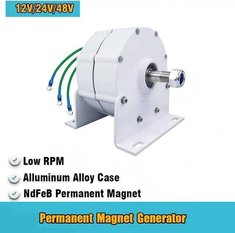 Gearless Permanent Magnet Generator 12V 24V 48V 1200W Low Rpm Motor With Mounting Bracket For Wind Turbine Solar Diy Ac Dc Power Setup showing aluminum alloy case and green wires.