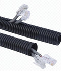 30 Ft Split Wire Loom Tubing One Quarter Inch Inner 6mm Outer 9mm Cord Protector in use with cables, black, for DIY projects.