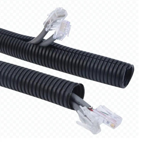 30 Ft Split Wire Loom Tubing One Quarter Inch Inner 6mm Outer 9mm Cord Protector in use with cables, black, for DIY projects.