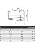 Precision ER20 Collet chuck dimensions diagram showing clamping range and sizes for milling boring and tapping applications.