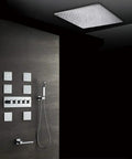Heavy Duty Square Canopy Shower System With Concealed Valve Rock Solid Copper Body Lead Free Four Function Rain Setup showing shower components and overhead shower head.
