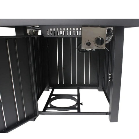 Underside view of 30-Inch Propane Fire Pit With Real Ceramic Tabletop And Glass Rock, 50000 BTU Outdoor Gas Fire Table With Lid.