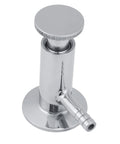 Front view of 2-inch stainless steel tri-clamp sampling valve with side hose barb on a circular base.