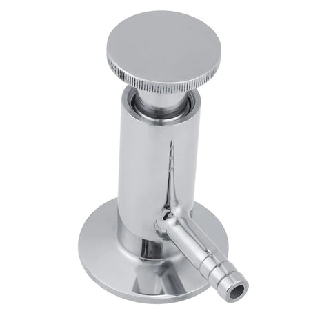 Front view of 2-inch stainless steel tri-clamp sampling valve with side hose barb on a circular base.