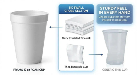 12 Oz Insulated Foam Cups 100 Pack Grab And Go Disposable Coffee Cups For Hot Or Cold Beverages Ideal For Parties Picnics BBQ Travel And Events Great For Office Break Rooms And Church Coffee Stations, showing thick insulated sidewall.