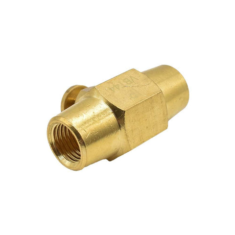 Brass Button Valve One Quarter Inch NPT Female Inlet And Outlet Normally Closed Red Compact Rock Solid Pneumatic Control Valve For Air Lines Easy Install For Robotics And Automotive Projects And DIY Air Systems AMT VBT44 showing brass finish and inlet size.