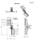 Through-hole damping torque hinge, 304 stainless steel with free-stop blade and mounting holes (front/side views)