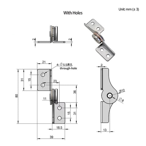 Through-hole damping torque hinge, 304 stainless steel with free-stop blade and mounting holes (front/side views)