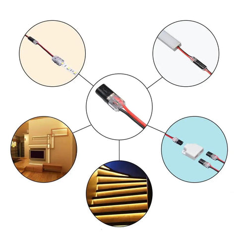 Diagram of 20Pcs 2 Pin Spring Wire Connectors No Soldering Required Screwless Quick Connectors Cable Clamps for LED strip lights installation.