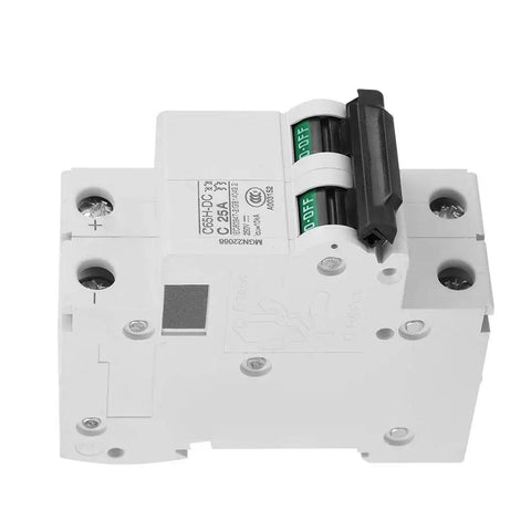 2P Low Voltage DC Miniature Circuit Breaker For Solar Panel Grid Systems 25A, detailed top view with on/off switch.