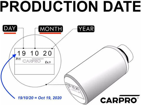 Diagram showing production date on Perl Coat Plastic And Rubber Protectant For Cars, 500 mL bottle, CARPRO brand.