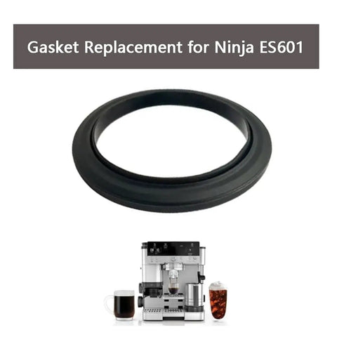 Black silicone gasket for Ninja ES601 coffee maker displayed with machine. 2 Pack Silicone Group Head Seals for Espresso Machines, Replacement Gasket Kit Compatible With ES601 ES701 Models, Durable Heat-Resistant Black, Compatible With Ninja ES601 And ES701 Coffee Makers