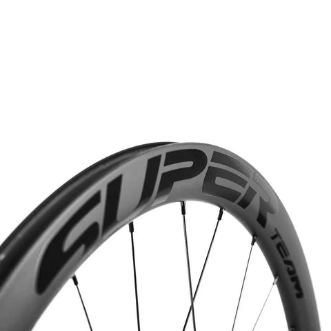 Aero Carbon Wheel Set With Center Lock Disc Hubs, 45mm Deep Clincher, 25mm Width, UD Matte Carbon Weave, black side view