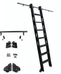 Heavy Duty 10 Foot Sliding Barn Door Hardware Kit With Library Ladder Slide Track, black steel rail with ladder and rollers.