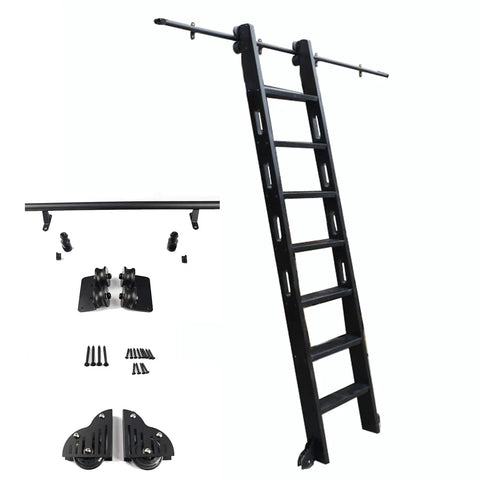 Heavy Duty 10 Foot Sliding Barn Door Hardware Kit With Library Ladder Slide Track, black steel rail with ladder and rollers.