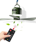 Heavy Duty 18 Inch Rechargeable Ceiling Fan With Bright Led Light And Huge 15600 mAh Battery For Gazebo Patio And Rv Camping, remote control in use.