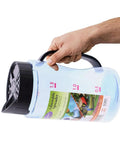 Adjustable Garden Spreader S205 for snow melt salt seeds fertilizer held in hand with lid open showcasing blue design